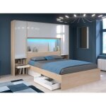 Lit pont 160 x 200 cm avec rangements - avec leds - coloris : naturel et blanc brillant - velona