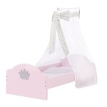Lit de poupe en bois sophie - roba - avec ciel de lit + couette et oreiller - rose / gris