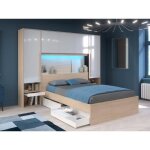 Lit pont 140 x 190 cm avec rangements - avec leds - coloris : naturel et blanc brillant + sommier + matelas ... Lit pont 140 x 190 cm avec rangements - avec leds - coloris : naturel et blanc brillant + sommier + matelas ...