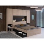 Lit pont 140 x 190 cm avec rangements - avec leds - coloris : naturel et noir + sommier + matelas - velona ...