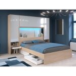 Lit pont 160 x 200 cm avec rangements - avec leds - coloris : naturel et blanc brillant + sommier - velona ...