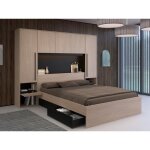 Lit pont 160 x 200 cm avec rangements - avec leds - coloris : naturel et noir + sommier + matelas - velona ...