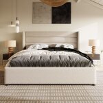 Lit de rangement cadre de lit plateforme capitonn sommier  lattes en bois lit 140x200 cm en lin blanc ...