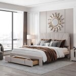 Lit rembourré 140 x 200 cm - leww - tête de lit et grand tiroir - velours - beige Lit rembourré 140 x 200 cm - leww - tête de lit et grand tiroir - velours - beige