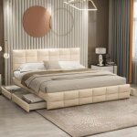Lit rembourr - 2 personnes - 180 x 200 cm - 4 tiroirs - sommier  lattes - velours - beige