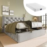 Lit rembourr hydraulique 160 x 200 cm cadre en mtal sommier  lattes avec rangement gris clair (matelas ...