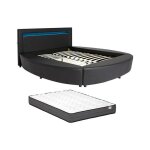 Lit rond 160 x 200 cm - avec leds - simili - noir + matelas - abulis iii