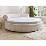 Lit rond 220 x 220 cm - tissu bouclette - blanc + matelas - rogila