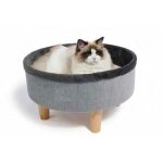 Lit rond surlev - m pets - round - gris - 47 x 47 x 26 cm - pied en bois - coussin doux