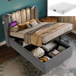 Lit simple 90x200 cm lit coffre 1 personne t�te de lit avec liseuse fonction de recharge gris (avec matelas) ...