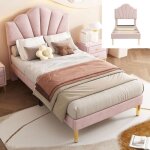 Lit simple 90x200 - velours rose - t�te de lit r�glable - sommier � lattes - design coquille