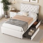 Lit adulte - leytn - 90x200 cm - rembourré en lin - 2 tiroirs de rangement - beige clair Lit adulte - leytn - 90x200 cm - rembourré en lin - 2 tiroirs de rangement - beige clair