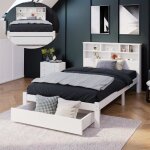 Lit 90x200cm avec sommier � lattes t�te de lit biblioth�que tiroirs sur roulettes lit simple pour adolescents ...