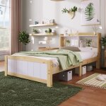 Lit simple en bois massif avec tte de lit coffre pin naturel et blanc - redom - 90x200cm