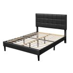 Lit simple en placage mdf noir - - riley - sommier lattes - tte de lit capitonne - 140x200 cm Lit simple en placage mdf noir - - riley - sommier lattes - tte de lit capitonne - 140x200 cm