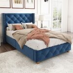 Lit simple capitonn 90x200cm en velours avec sommier  lattes et tte de lit rembourrage  boutons sans ...