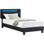 Lit led simple 90x190 cm avec sommier t�te de lit r�glable en hauteur en synth�tique noir evan