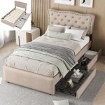 Lit simple 90�200 cm lit coffre 1 personne table de chevet rembourr�e avec rivets d�coratifs double tiroirs ...