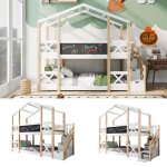 Lit superpos� - modernluxe - cabane 90x200cm - bois de pin - naturel + blanc - avec escalier de rangement ...