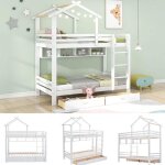 Lit superpos� - maison - 90x200cm - bois de pin - blanc - avec tiroirs et �tag�res