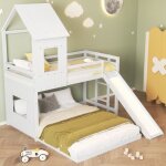 Lit superposé - blanc - lit cabane enfant - 90 / 140 x 200 cm - bois pin - toboggan inclus Lit superposé - blanc - lit cabane enfant - 90 / 140 x 200 cm - bois pin - toboggan inclus