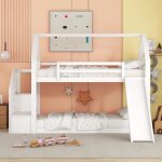 Lit superposé en bois 90x200cm lit enfant lit cabane avec escalier de rangement et toboggan - blanc Lit superposé en bois 90x200cm lit enfant lit cabane avec escalier de rangement et toboggan - blanc