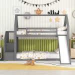 Lit superpos enfant 90x200cm lit cabane en bois avec escalier de rangement toboggan balustrades et sommier ...
