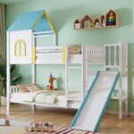 Okwish lit superpos enfant 90x200cm - lit cabane - chelle et toboggan - 2 sommier inclus - bois blanc ...