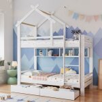 Lit superpos enfant 90x200cm - lit cabane - okwish - tagres et 2 tiroirs - chelle 2 sommiers - bois ...