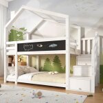 Lit superpos cabane 90x200cm - okwish - avec panneaux graffitis chelles escaliers de rangement et 2 ...