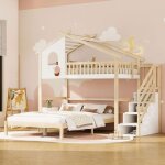 Lit superpos� enfant 90 + 140�200cm - okwish - �chelle de rangement fen�tre et 2 sommiers - blanc et ...