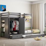 Lit superposé enfant - bois gris - 90x200cm - lit gigogne - armoire intégrée - tiroirs de rangement Lit superposé enfant - bois gris - 90x200cm - lit gigogne - armoire intégrée - tiroirs de rangement