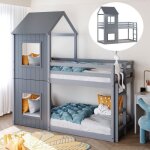 Lit superpos enfant 90 x 200 cm avec chelle & baldaquin en bois massif gris - certifi en747 - 2 places ...