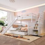 Lit superpos� enfant 90x200 et 140x200 avec 2 tiroirs 3 �tag�res de rangement et toboggan - disponible ...