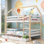 Lit superpos� enfant - maison - 90x200 cm - bois de pin - avec tiroirs