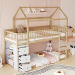 Lit superpos enfant 90x200cm lit cabane lit mezzanine bois avec 3 tiroirs 3 tagres clture chelle ...