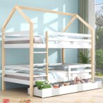 Lits superpos� enfants 90x200cm avec tiroir e sommier � lattes en bois massif de pin blanc