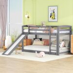 Lit superpos enfant - bois massif - 90x200cm - chelle et toboggan - balustrades de scurit - gris