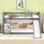 Lit superposé enfant - marque - 90x200cm - pin massif - toboggan - gris Lit superposé enfant - marque - 90x200cm - pin massif - toboggan - gris