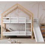 Lit superpos� enfant avec toboggan et rampe blanc - bois massif - 90x200 cm