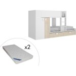 Lits superposs 2 x 90 x 190 cm - armoire intgre - blanc et naturel + matelas - juanito