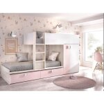 Lits superpos�s 2 x 90 x 190 cm - armoire int�gr�e - blanc naturel et rose - juanito
