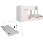 Lits superpos�s 2 x 90 x 190 cm - armoire int�gr�e - blanc naturel et rose + matelas - juanito