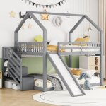 Lit superpos - non spcifi - 140x200 cm - bois massif - gris - avec toboggan et rangement