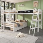 Lit superposé triple - redom - 140x200cm + 2x90x200cm - bureau intégré - 2 tiroirs - bois blanc Lit superposé triple - redom - 140x200cm + 2x90x200cm - bureau intégré - 2 tiroirs - bois blanc