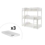 Lits superpos�s triple - 3 x 90 x 200 cm - pin - blanc + matelas - vagar