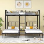 Lit superposé triple 3x90x200cm en métal noir avec table échelle et tête de lit pour enfant ou adolescent ... Lit superposé triple 3x90x200cm en métal noir avec table échelle et tête de lit pour enfant ou adolescent ...
