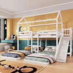 Okwish lit superpos� triple 90x200 cm lit cabane avec toboggan �tag�re et 1 sommier � lattes - bois blanc ...