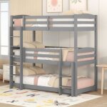 Lit superpos� triple en bois gris 90x200cm - sommier � lattes - �chelle et barri�re de protection