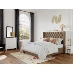 Lit 180 x 200 cm avec tête de lit capitonnée - tissu - beige - massimo ii Lit 180 x 200 cm avec tête de lit capitonnée - tissu - beige - massimo ii